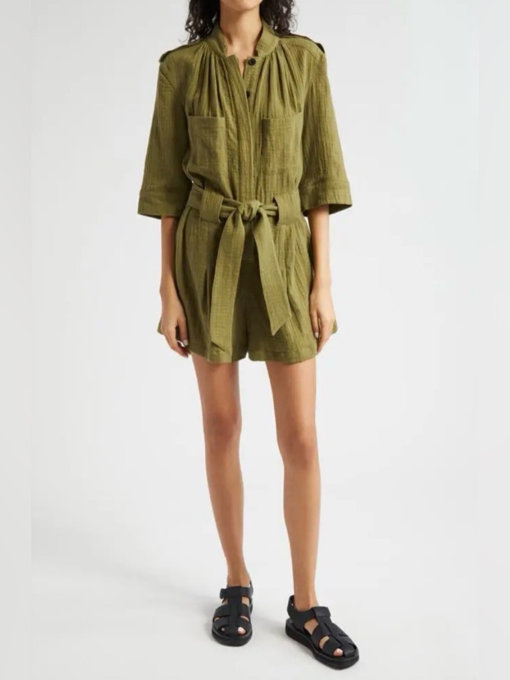 Smythe Cotton Utility Romper in Army Green . Small